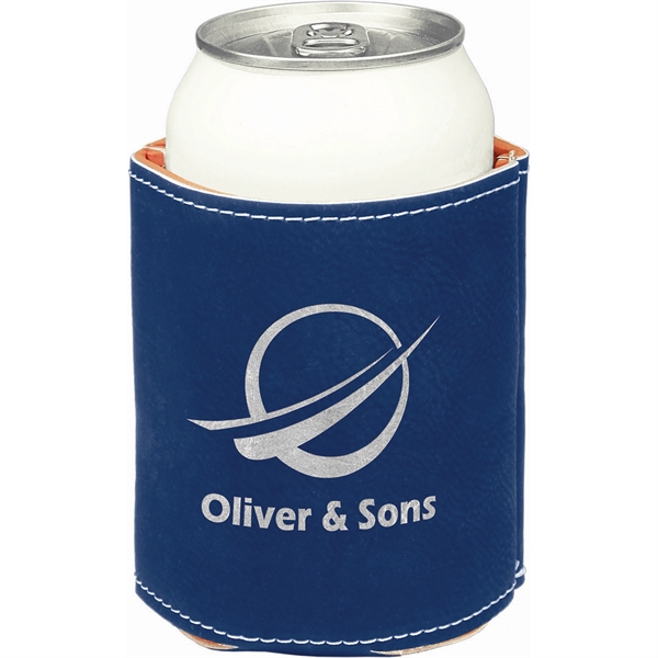 Blue/Silver color option for 3 3/4" Blue/Silver Laser Engraved Leatherette Beverage Holder