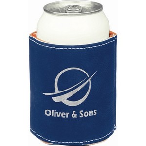 Photo of 3 3/4" Blue/Silver Laser Engraved Leatherette Beverage Holder