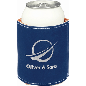 Photo of 3 3/4" Blue/Silver Laser Engraved Leatherette Beverage Holder