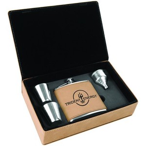 Photo of 6 Oz. Light Brown Laser Engraved Leatherette Flask Gift Set