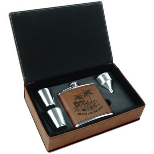 Photo of 6 Oz. Dark Brown Laser Engraved Leatherette Flask Gift Set