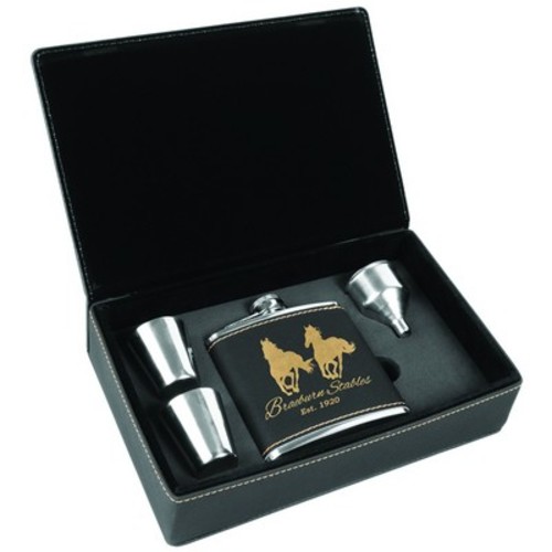 Photo of 6 Oz. Black/Gold Laser Engraved Leatherette Flask Gift Set