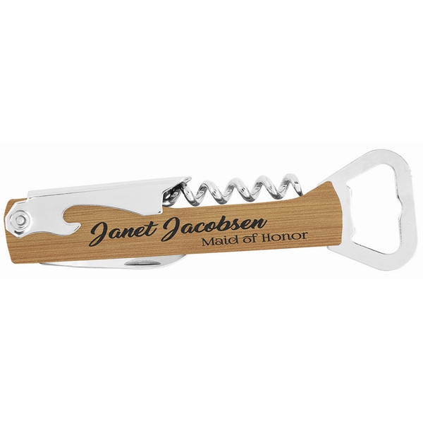 Brown/Silver color option for Bamboo Laser Engraved Leatherette Wine Bottle Opener