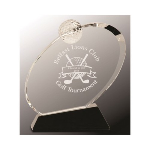 Photo of 6" Clear Crystal Oblong Golf Award On Black Crystal Base