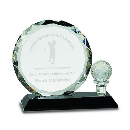 Photo of 6 1/2" Round Facet Crystal With Golf Ball On Black Pedestal Base
