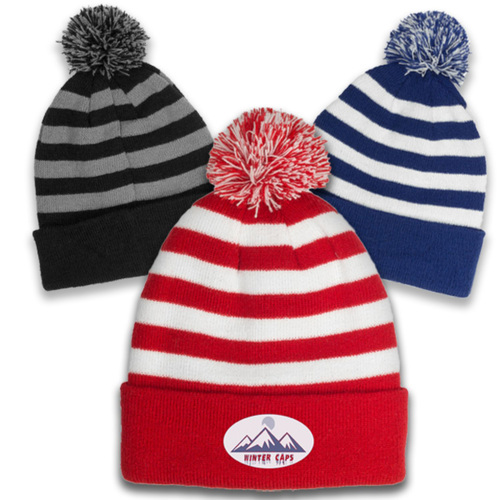 Photo of Beanie   Acrylic Rib Knit Embroidered Beanies W/ Pom Pom