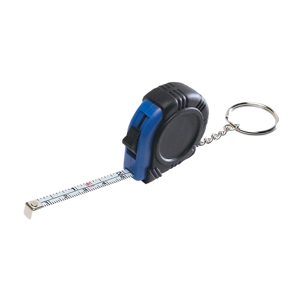 Blue/Black color option for Rubber Tape Measure Key Tag With Laminated Label