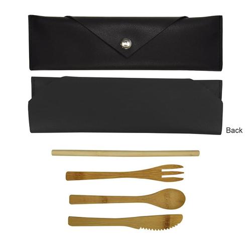 Main photo of 3 Piece Bamboo Utensil Set In Leatherette Pouch