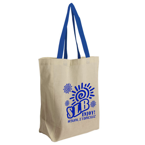 Natural With Blue Handles color option for The Brunch Tote   Cotton Grocery Tote