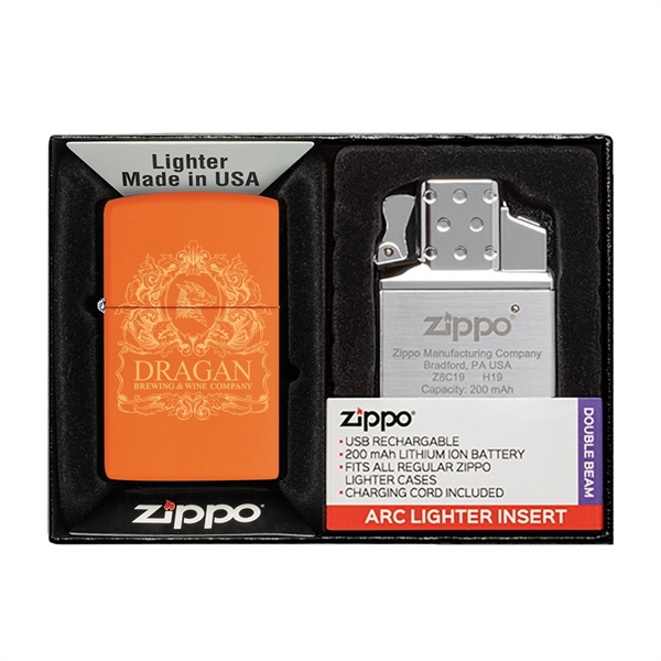 Orange color option for Matte Zippo® Lighter & Rechargeable Electric Lighter Insert Gift Set