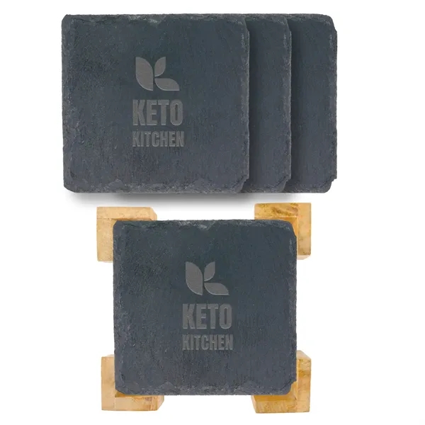 Charcoal Grey Bamboo color option for 4 Pc. Square Slate Coaster In Bamboo Stand