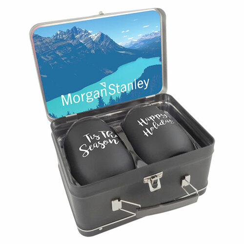 Photo of Matte Black Retro Lunchbox + Double 12oz Rubberized Finish Stemless Wine Glass In Vacuum Formed Insert