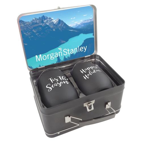 Photo of Matte Black Retro Lunchbox + Double 12oz Rubberized Finish Stemless Wine Glass In Vacuum Formed Insert