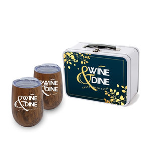 Photo of Retro Lunchbox + Double 10oz Stemless Wood Tone Wine Glass In Vacuum Formed Insert