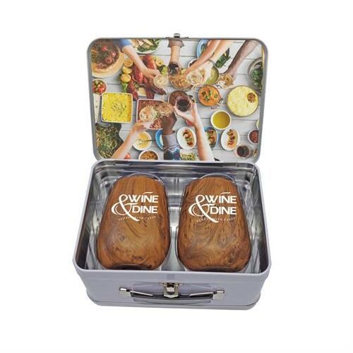Photo of Retro Lunchbox + Double 10oz Stemless Wood Tone Wine Glass In Vacuum Formed Insert