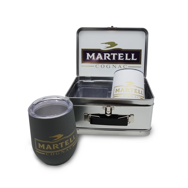 Multi color color option for Retro Lunchbox + Double 12oz Rubberized Finish Stemless Wine Glass In Vacuum Formed Insert