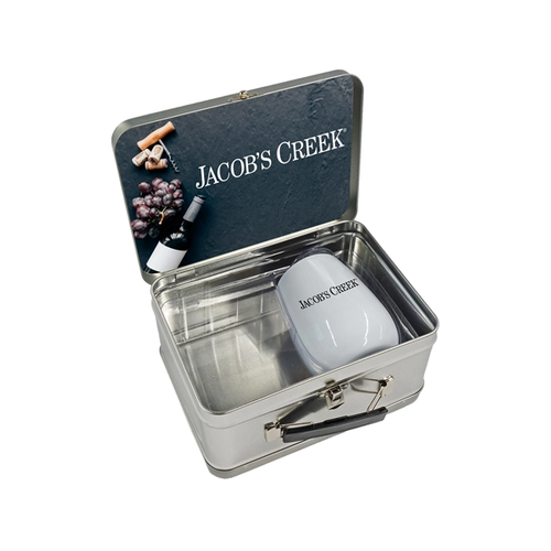 Photo of Retro Lunchbox + Single 10oz Stemless Wine Glass In Vacuum Formed Insert