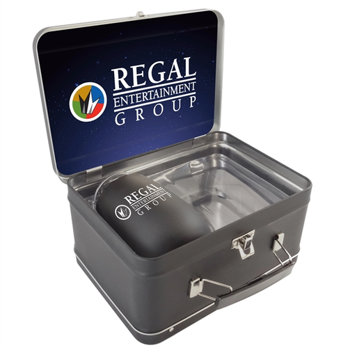 Main photo of Matte Black Retro Lunchbox + Single 12oz Rubberized Finish Stemless Wine Glass In Vacuum Formed Insert