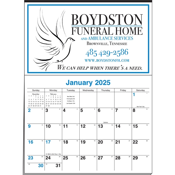 Blue Black color option for Home/Office Memo Half Apron Calendar   2 Color Imprint