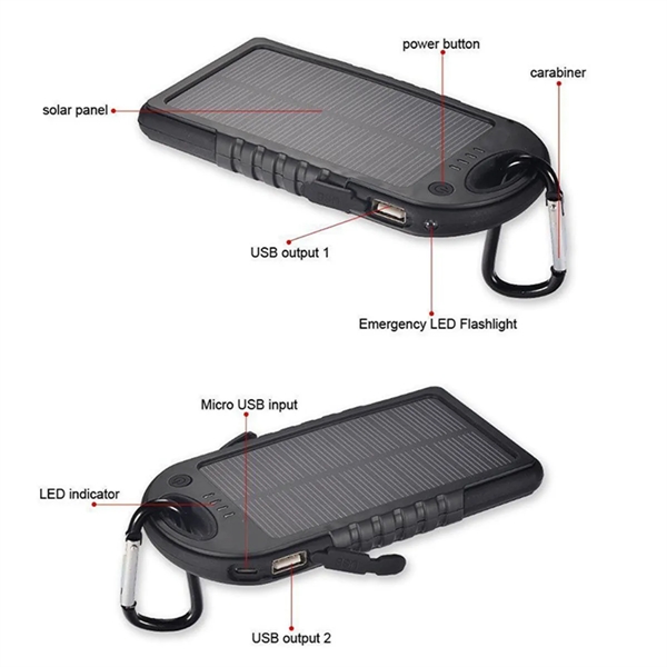 Black color option for Solar Power Bank W/Carabiner & Flashlight