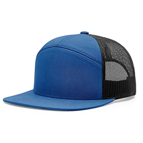 Blue color option for Premium 7 Panel Mesh Back Cap Flat Bill Trucker Hat Snapback