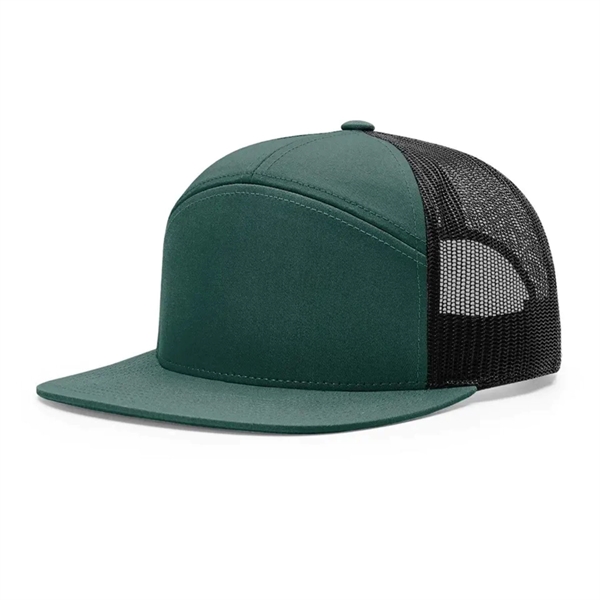 Green color option for Premium 7 Panel Mesh Back Cap Flat Bill Trucker Hat Snapback