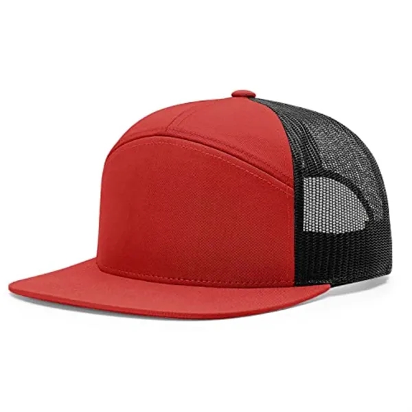 Red color option for Premium 7 Panel Mesh Back Cap Flat Bill Trucker Hat Snapback