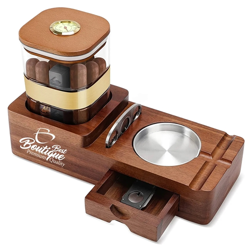 Main photo of Wooden Cigar Case Humidor Ashtray Set With Cutter Office