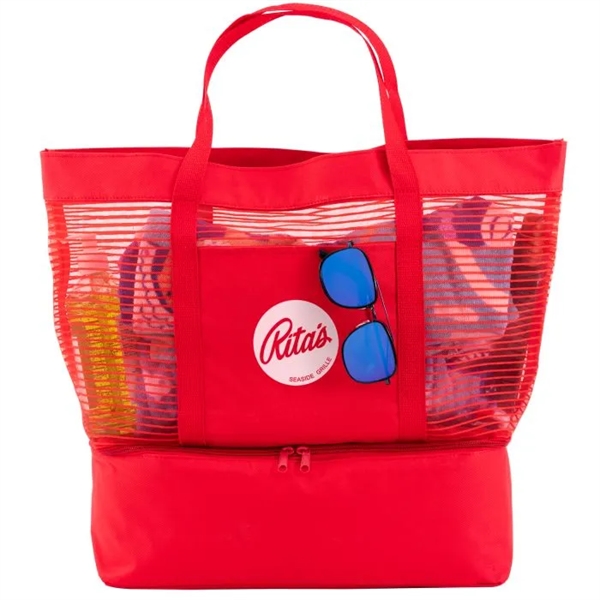 Red color option for 2 In 1 Striped Mesh Beach Bag Cooler