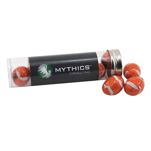 Main photo of Chocolate Footballs In A 5 " Plastic Tube With Metal Cap
