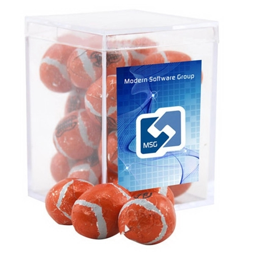 Main photo of Chocolate Footballs In A Clear Acrylic Square Box