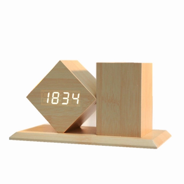 Brown color option for Wooden Pen Holder With Alarm Clock