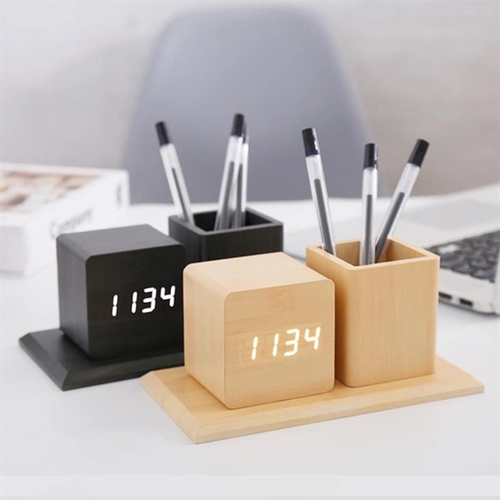 Main photo of Wooden Pen Holder With Alarm Clock
