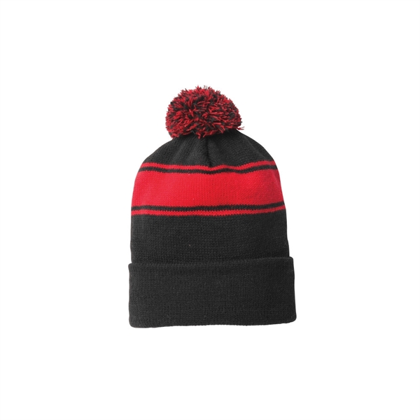 Black Red color option for Classic Knit Stripe Beanie W/Pom