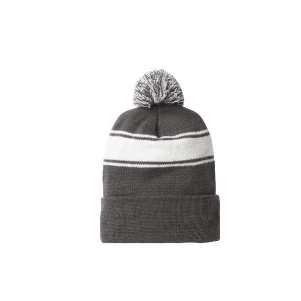 Dark Gray White color option for Classic Knit Stripe Beanie W/Pom