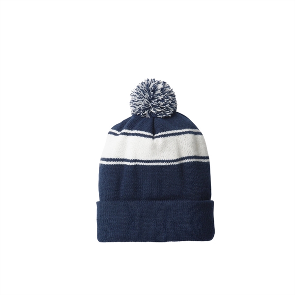 Navy Blue White color option for Classic Knit Stripe Beanie W/Pom