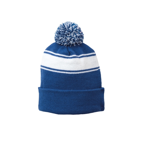 Royal Blue White color option for Classic Knit Stripe Beanie W/Pom