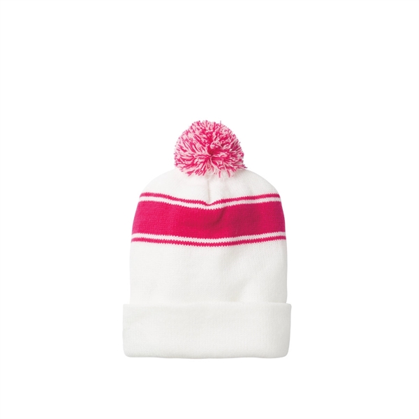White Pink Raspberry color option for Classic Knit Stripe Beanie W/Pom