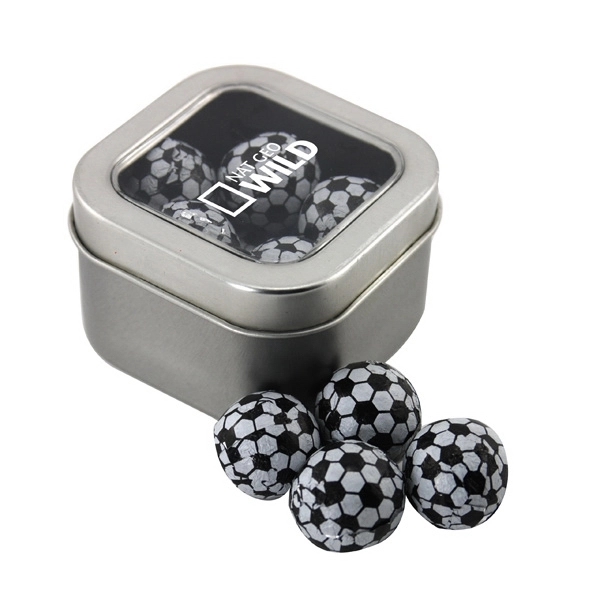 Silver color option for Tin With Window Lid And Chocolate Soccer Balls