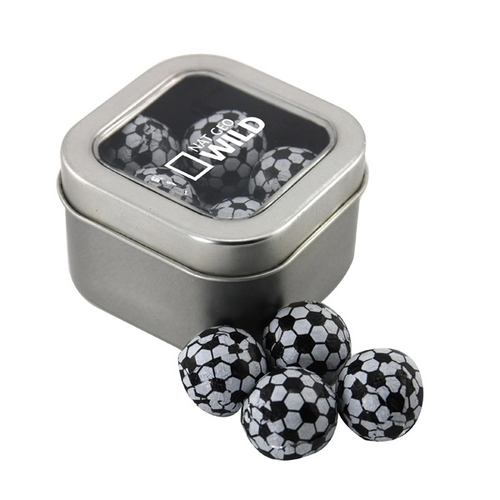 Main photo of Tin With Window Lid And Chocolate Soccer Balls