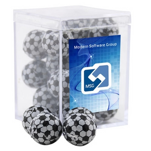 Main photo of Chocolate Soccer Balls In A Clear Acrylic Square Box
