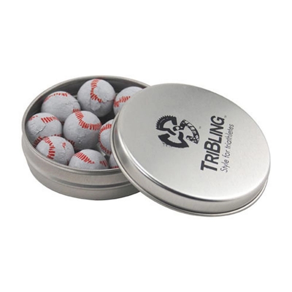 Silver color option for Round Tin With Chocolate Baseballs