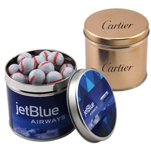Photo of Chocolate Baseballs In A 3.5" Round Metal Tin With Lid