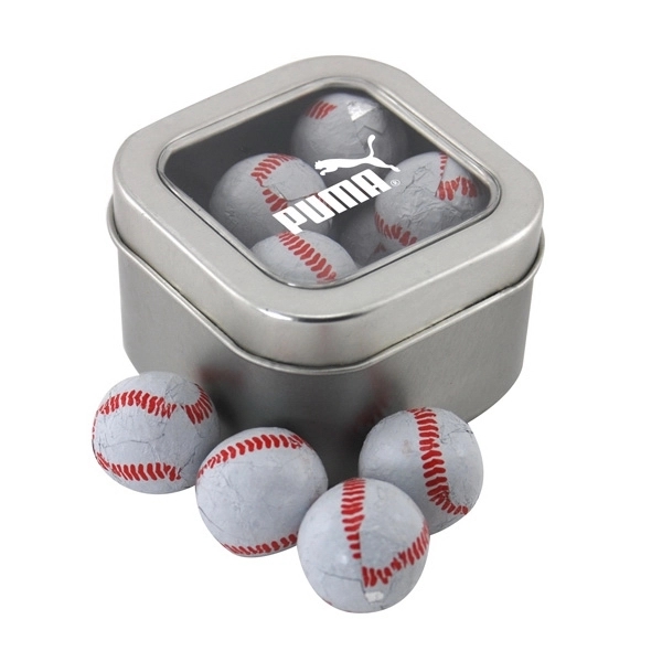Silver color option for Tin With Window Lid And Chocolate Baseballs