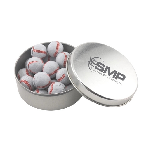 Main photo of Large Round Metal Tin With Lid And Chocolate Baseballs