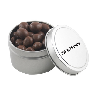 Photo of Round Metal Tin With Lid And Chocolate Covered Peanuts