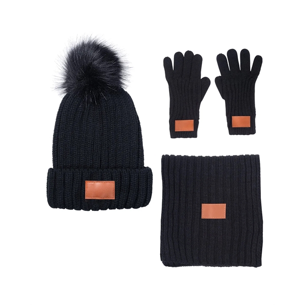 Black color option for Leeman Three Piece Rib Knit Fur Pom Winter Set