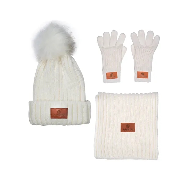 Cream color option for Leeman Three Piece Rib Knit Fur Pom Winter Set