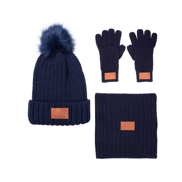 Navy Blue color option for Leeman Three Piece Rib Knit Fur Pom Winter Set