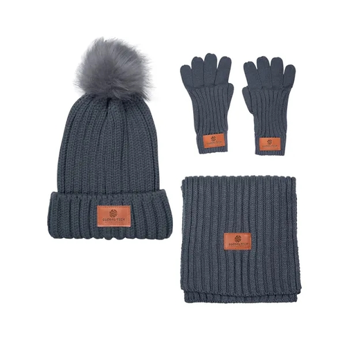 Main photo of Leeman Three Piece Rib Knit Fur Pom Winter Set